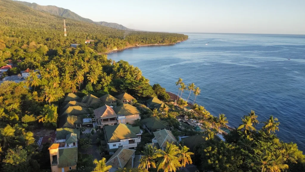 Aerial view of Poinciana Seaside Resort and the Tejakula coastline