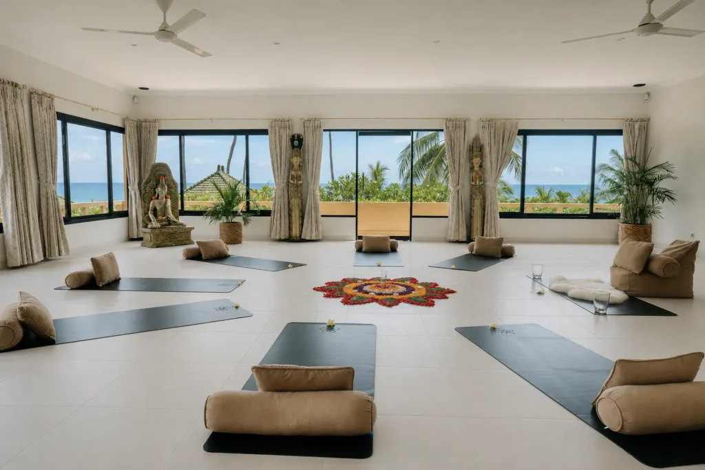 Large indoor yoga shala with bolsters and mats, windows facing the ocean