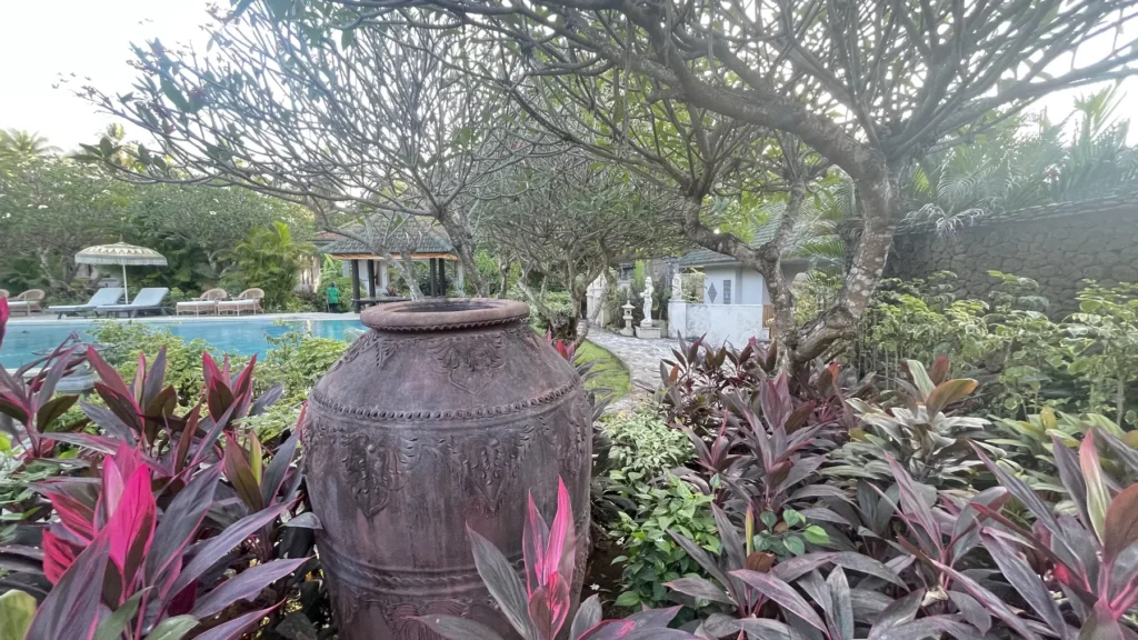 Water urn and tropical planting in the garden, with the pool behind