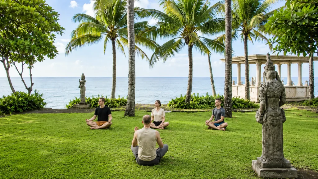 Group sitting in meditation on the seafront lawn beneath the palms