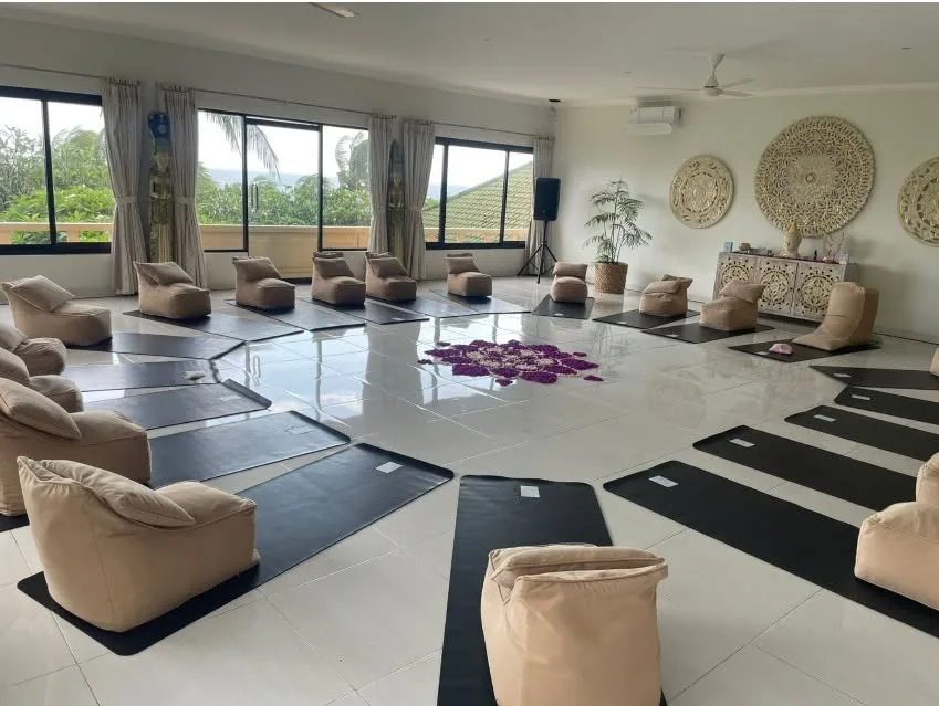 Indoor retreat room ready for a group yoga or meditation session